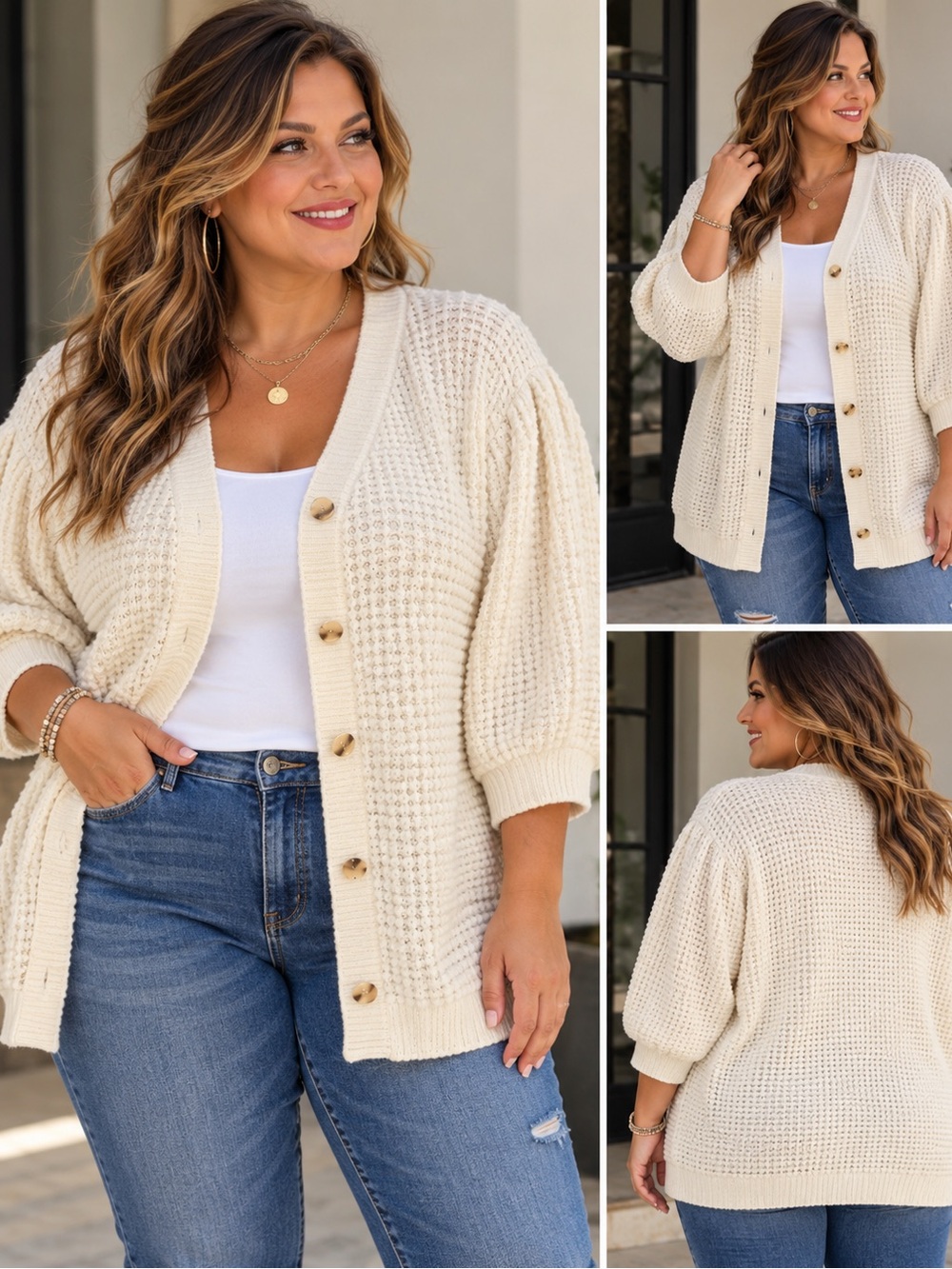 Terra & Sky Cream Button-Front Waffle Cardigan
